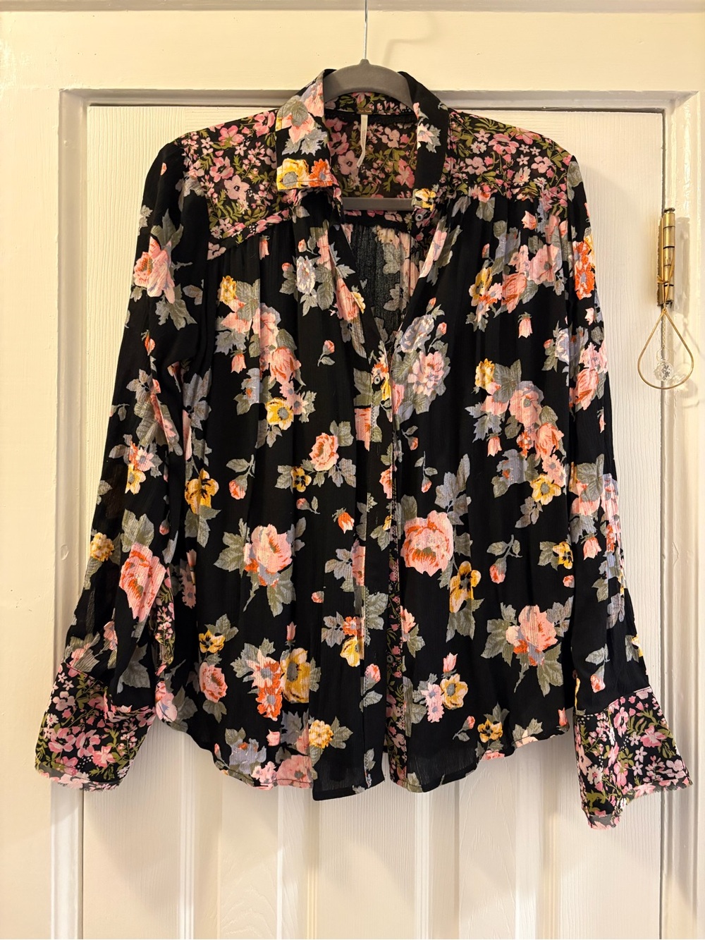 Free People Black Floral Button-Down Shirt with Pink & Yellow Blooms